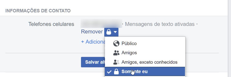 Celular cadastrado em redes sociais como o Facebook pode facilitar a identificação do número. Aumentar a privacidade do registro e não deixá-lo público, mas seus contatos ainda podem expor seu número — Foto: Reprodução